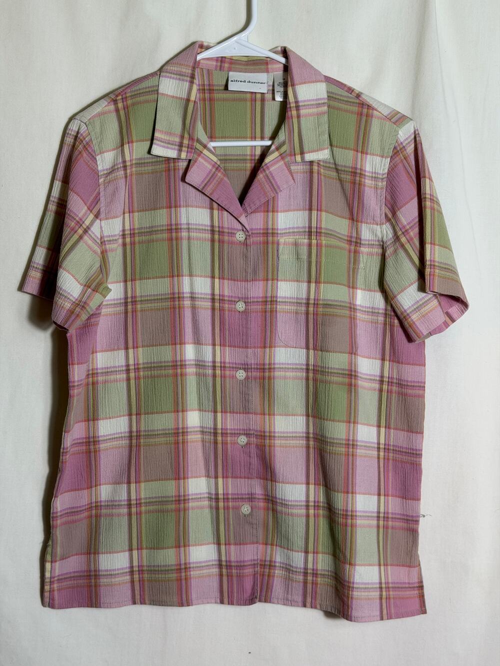 Alfred Dunner Pink Plaid Button Front Blouse Size 10 Crinkle Cottagecore Shirt
